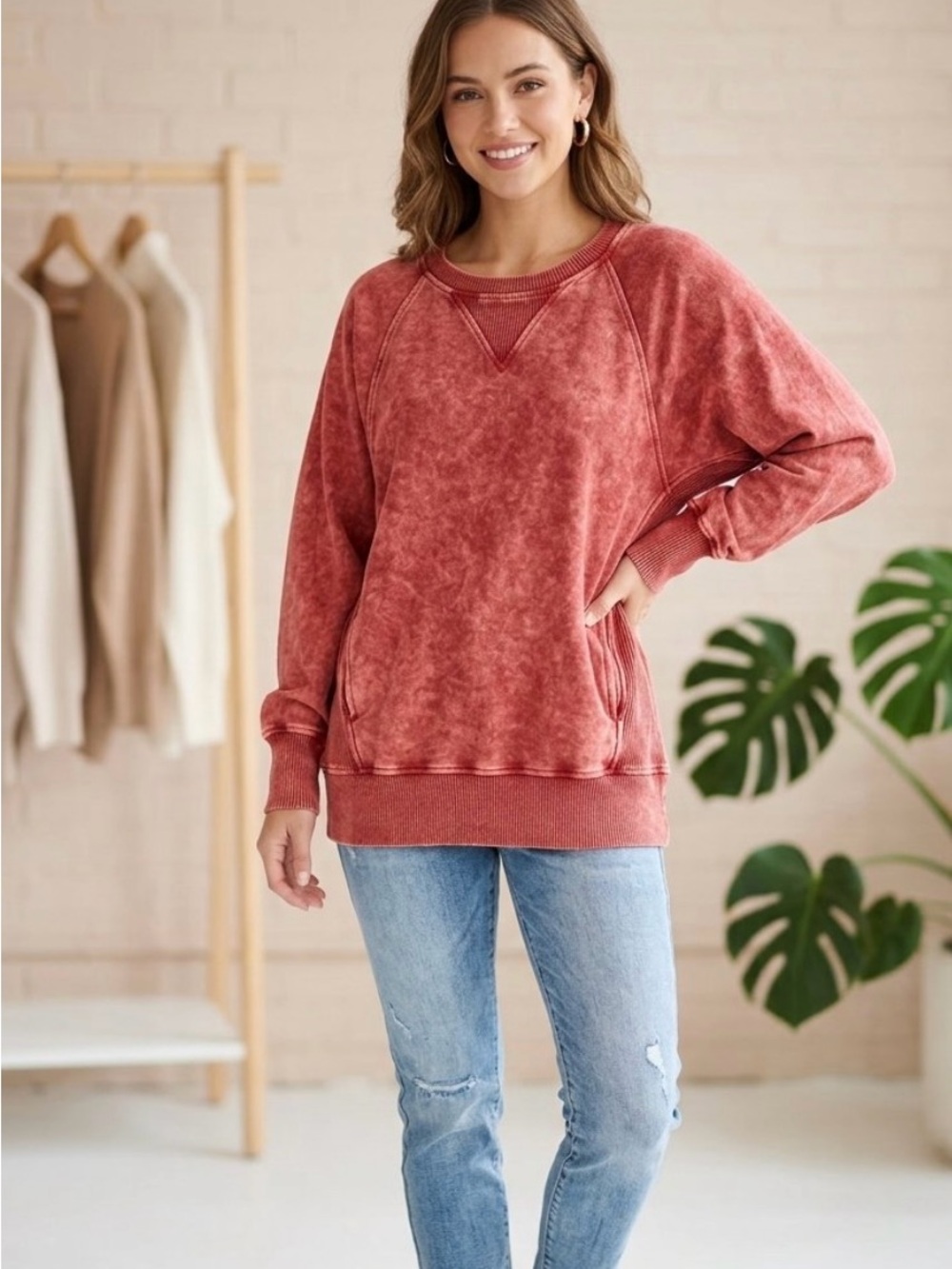 Zenana Acid Washed / Mineral Washed French Terry Pullover Sweatshirt Women’s S